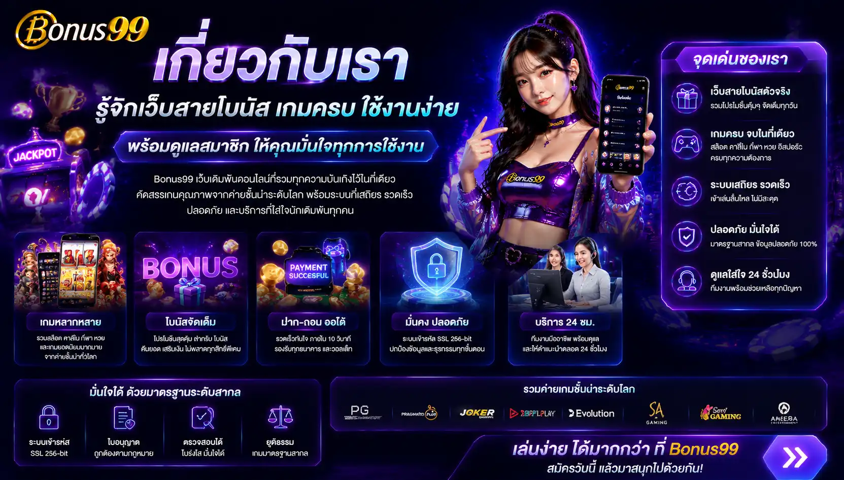 เกี่ยวกับเรา bonus99 รู้จักเว็บสายโบนัส เกมครบ ใช้งานง่าย พร้อมดูแลสมาชิก